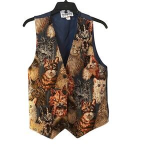 Vintage Idea Nuova Tapestry Ladies Vest Cats Kitties Grandmacore 1990s Made USA